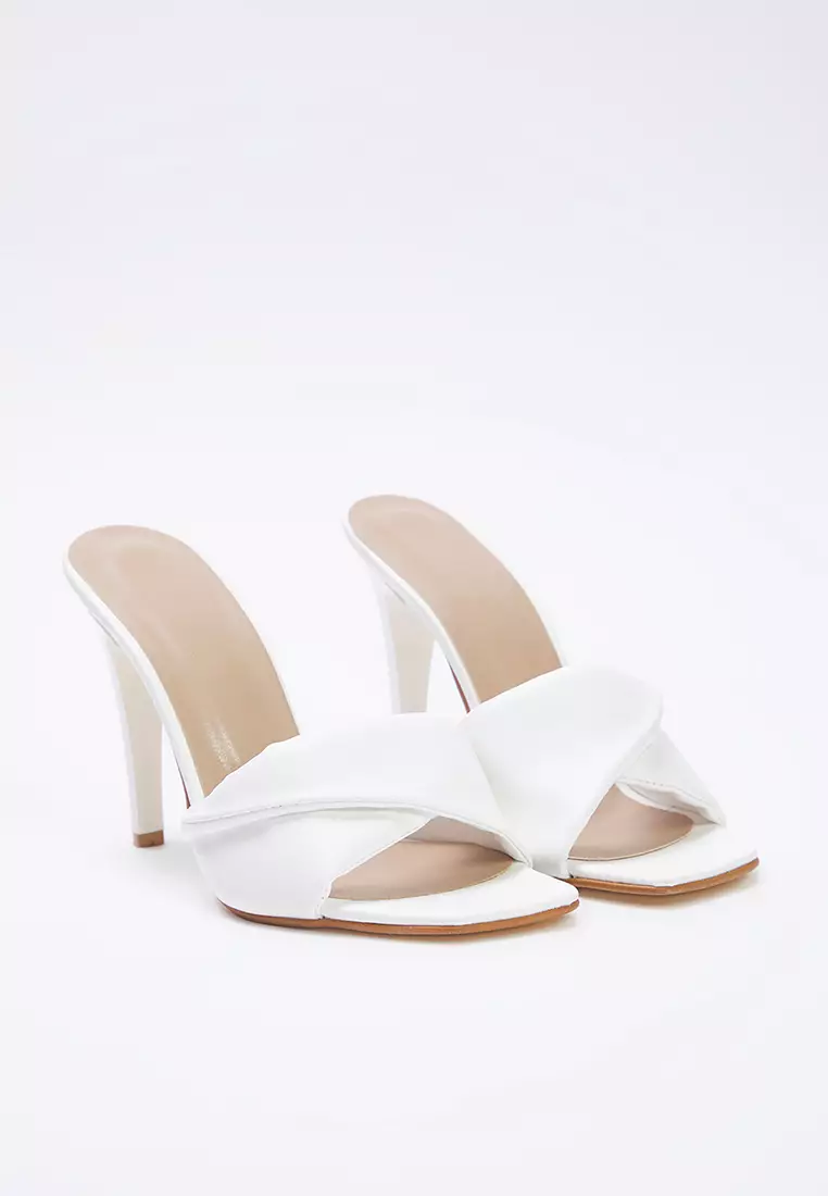 White Asymmetric Band Square Toe Women Thin Heels Slippers Takss25To00058