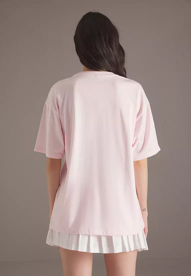 Light Pink 100% Cotton Cocktail Printed Oversize/Wide Cut Knitted T-Shirt TWOSS25TS00163
