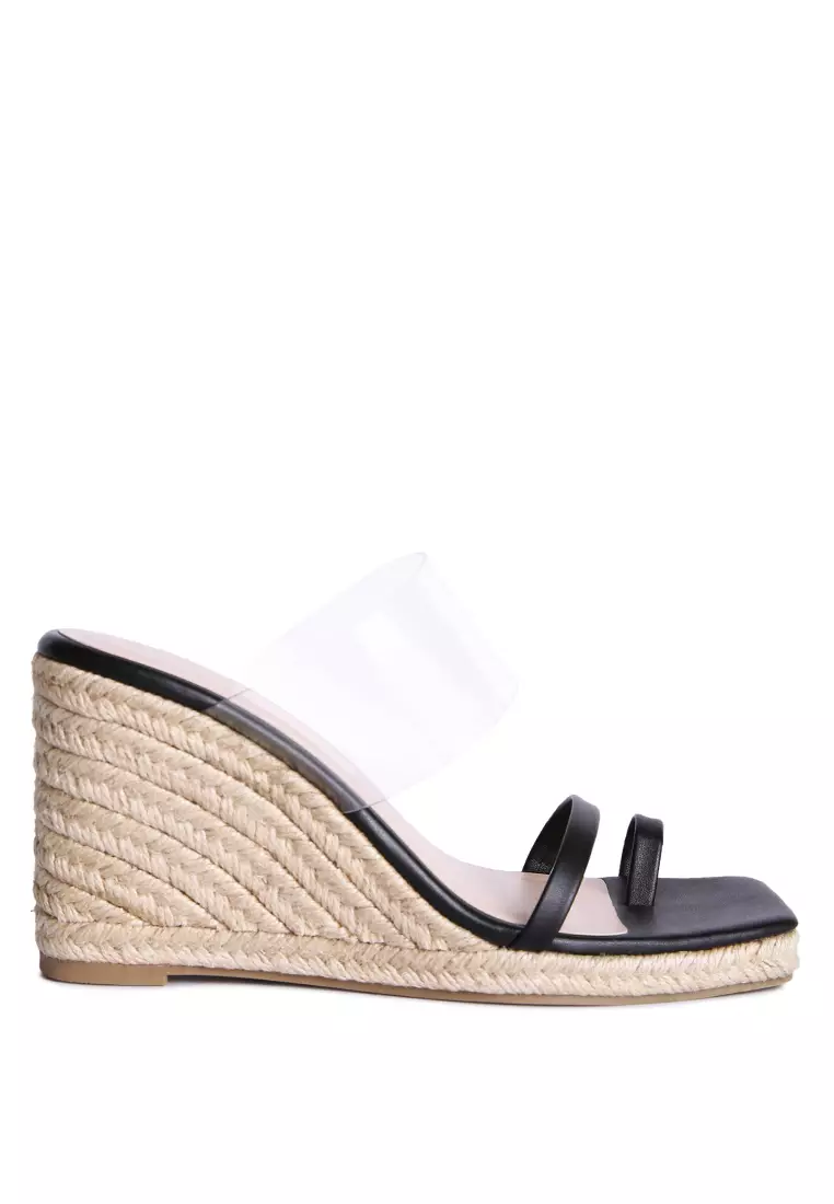 Black Toe Ring Espadrilles Wedge Sandals