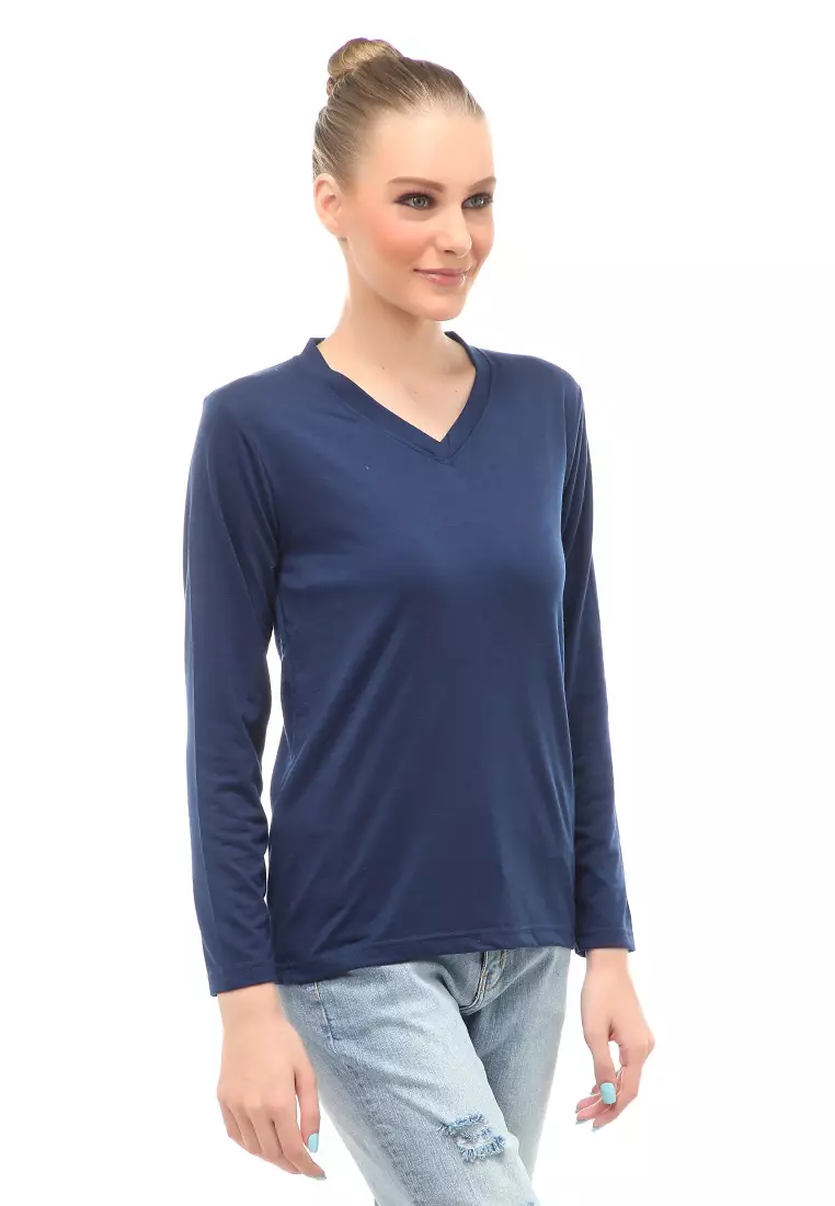 Kaos Polos Atasan Wanita V-Neck Lengan Panjang Design Simple Relaxed Fit - Navy