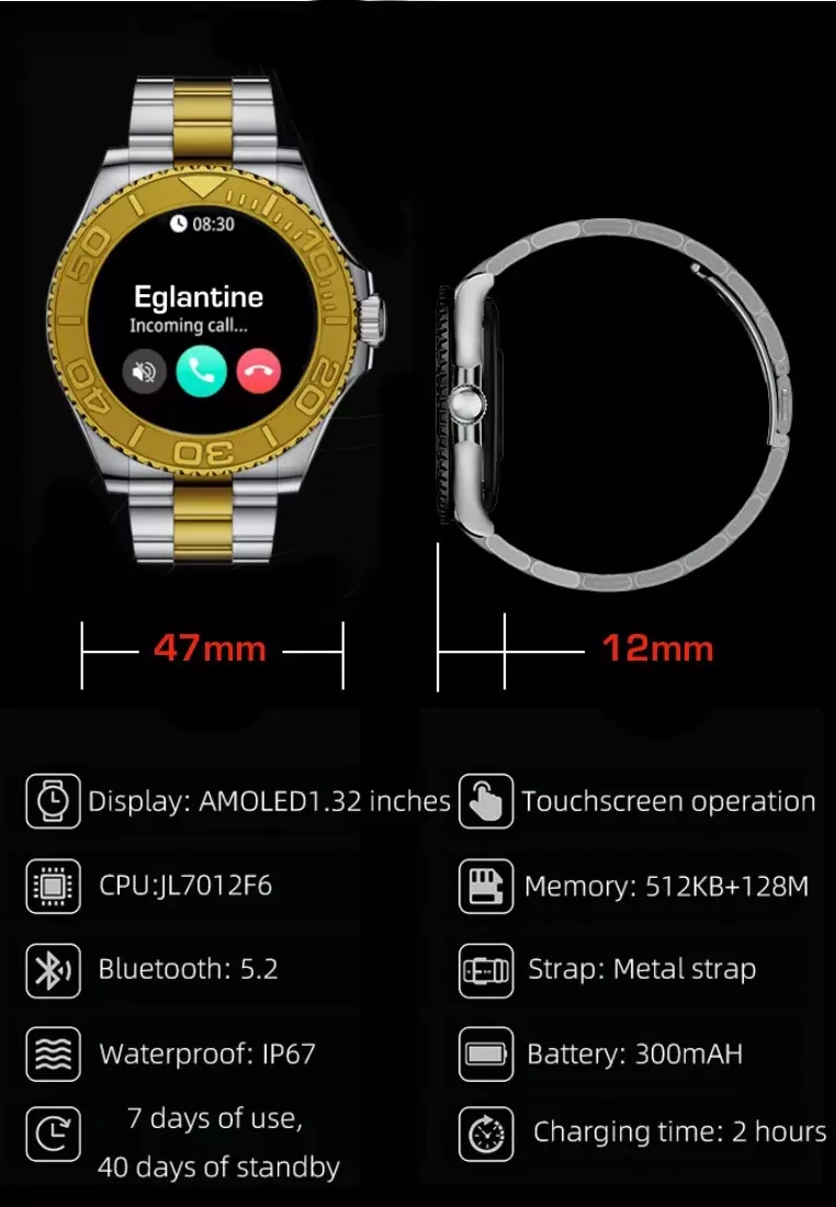 Sport/Luxury Smart Watch, Daily Life Waterproof, Stainless Steel Bracelet + 1 free Silicone Strap
