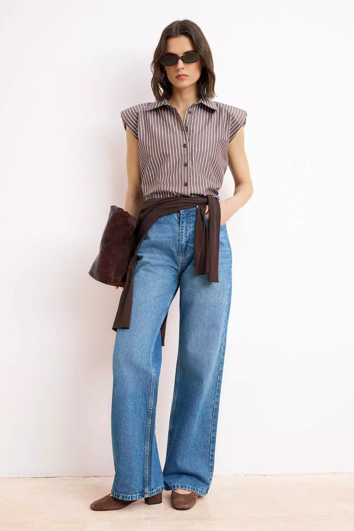Brown Striped Sleeveless Shoulder Pad Pack Shirt Twoss26Go14