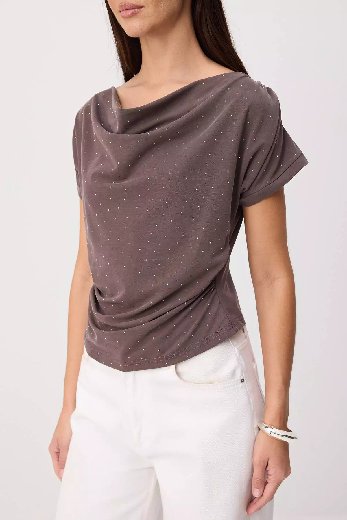Light Brown Premium Lyocell Content Soft Knitted Blouse With Degaje Collar Stone Detail Twoss26Bz00714