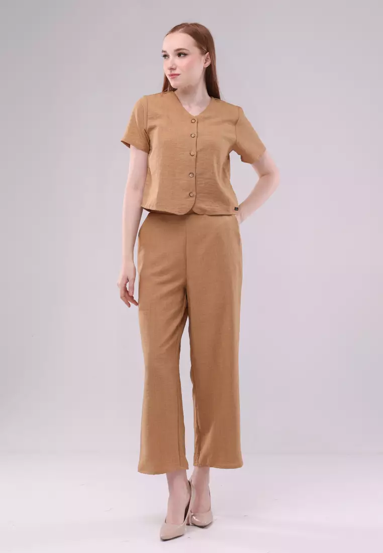 Plain Soft Wrinkled Woven Short Sleeves Terno Pants