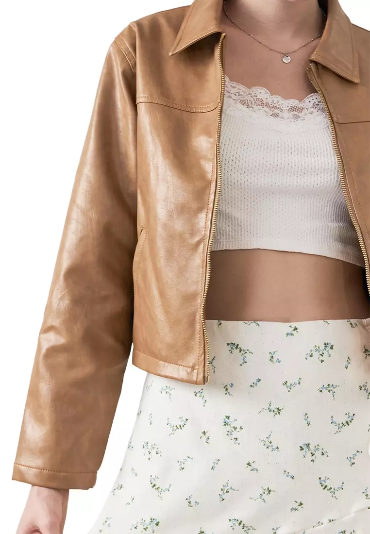 Oiled Leather Wide Collar Zip-Up Jacket