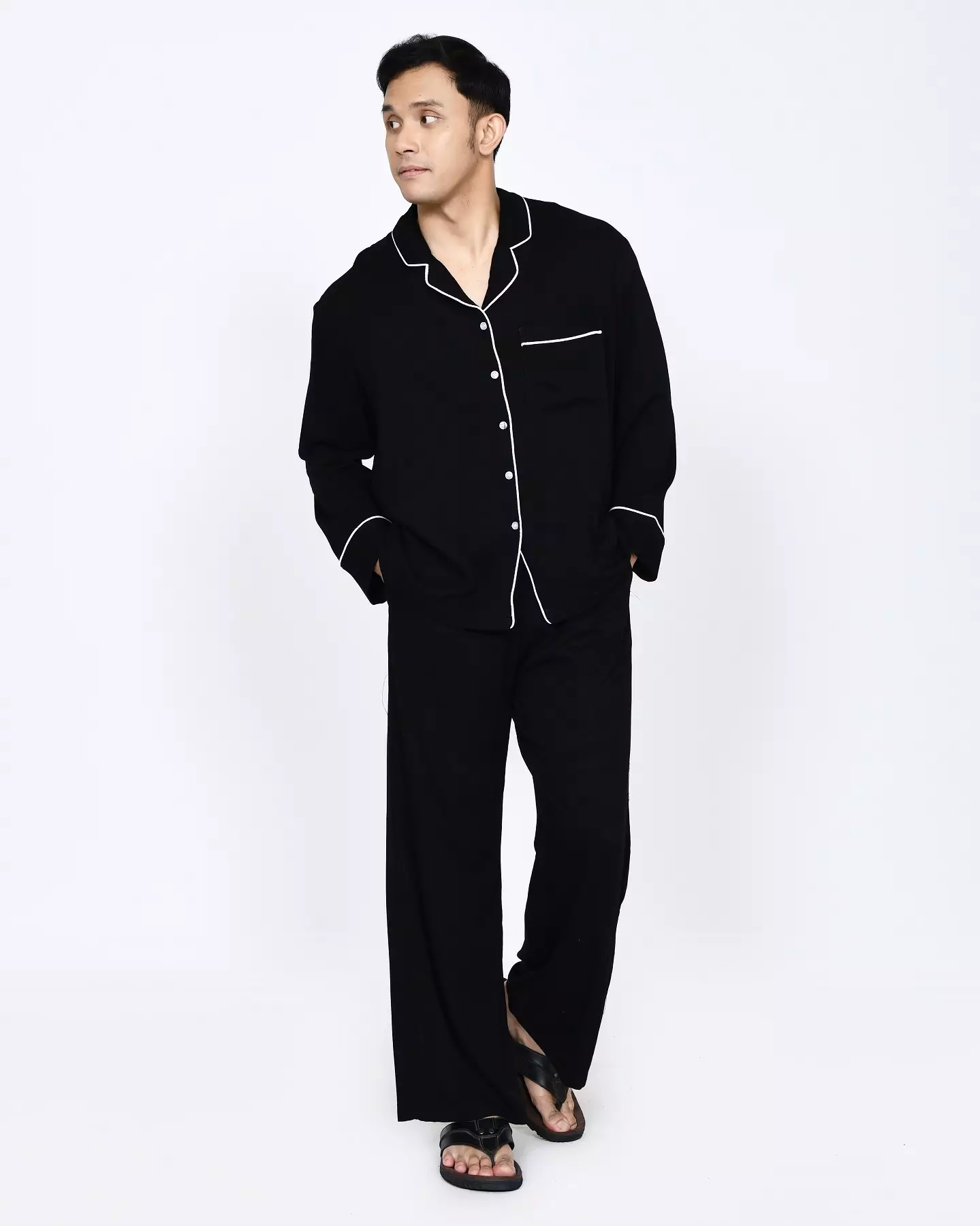 Setelan Baju Tidur Panjang Piyama Pria Plain [HITAM] One Set Sleepwear Pajamas Material Katun Size M-XXL