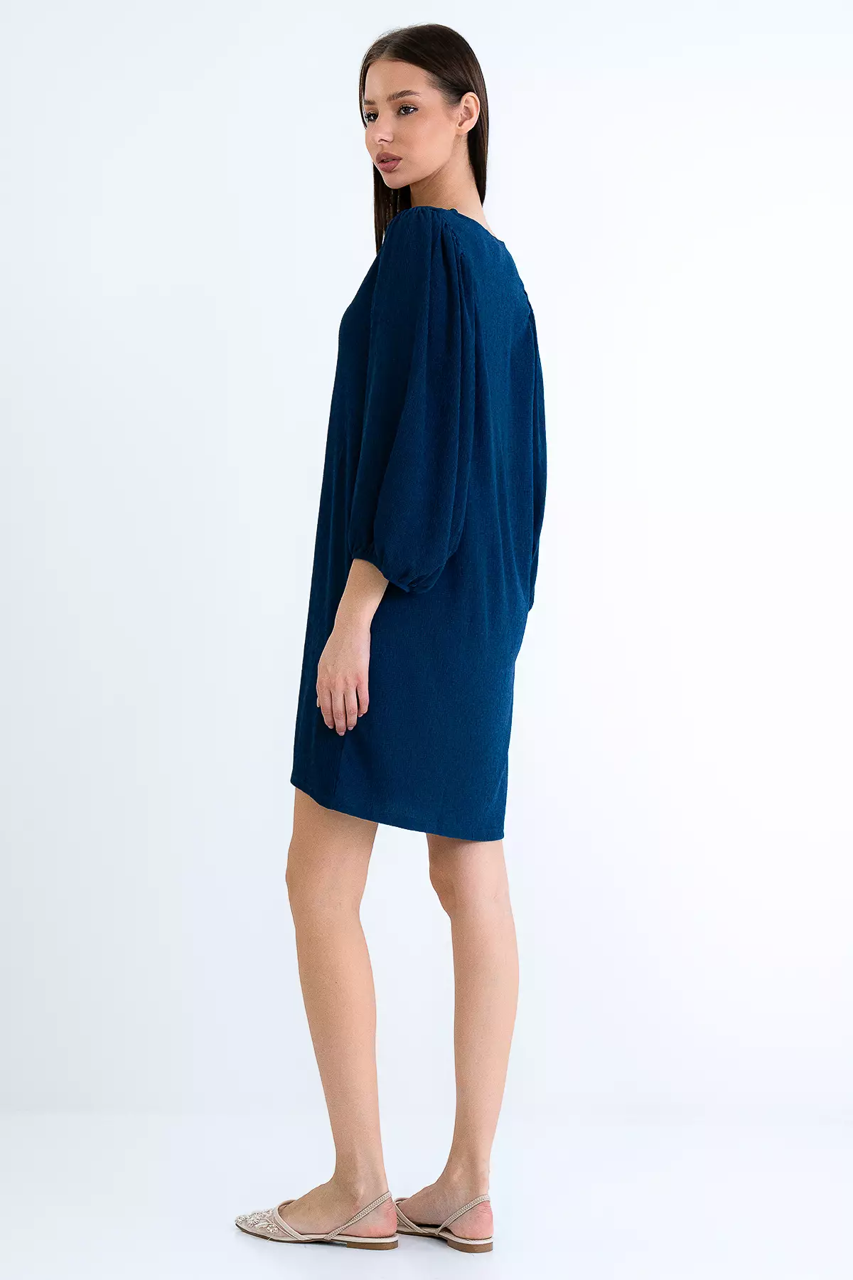 Navy Blue V-Neck Princess Sleeve Wrap Mini Dress Alc-X15160