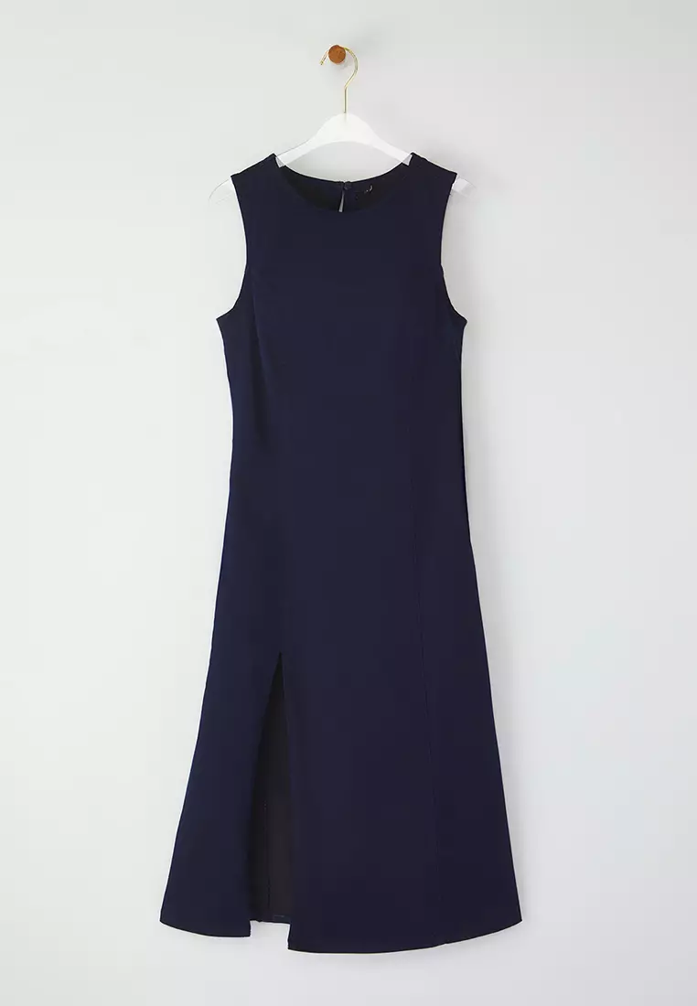 Dark Blue Slit Midi Denim Dress