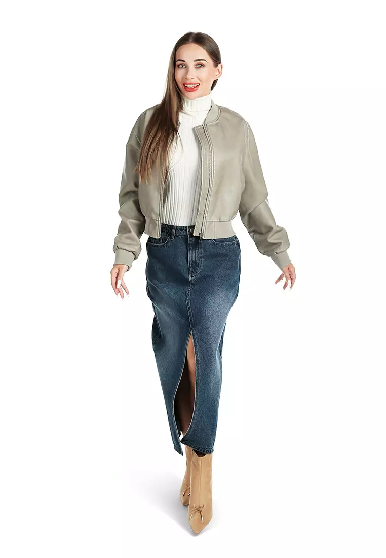 Jaket dengan ritsleting bahu terbuka warna Mocha