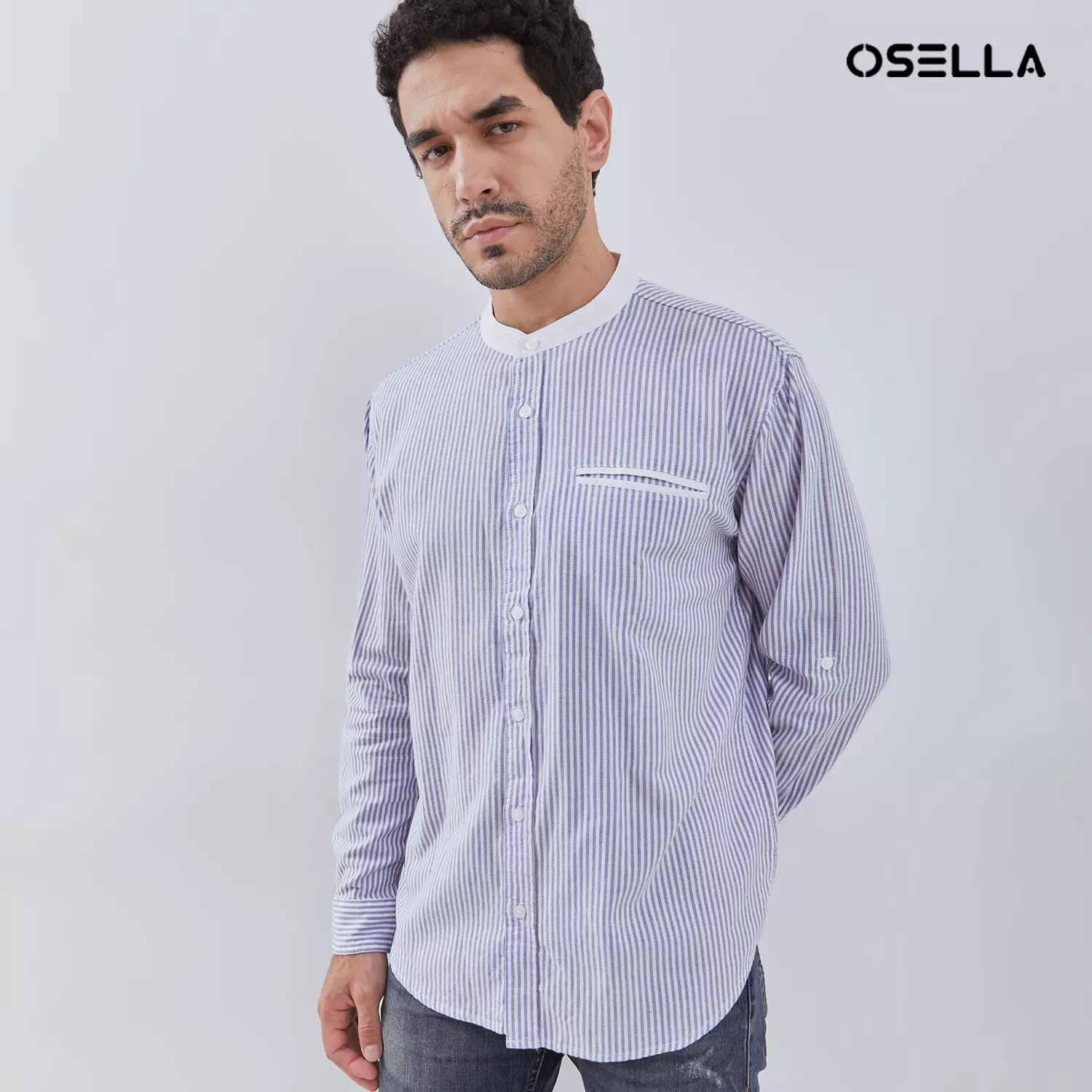 [NEW] Osella Long Sleeve Small Striped Pattern With Shanghai Collared Shirt In Blue And White 2037501760 | Kemeja Pria Lengan Panjang