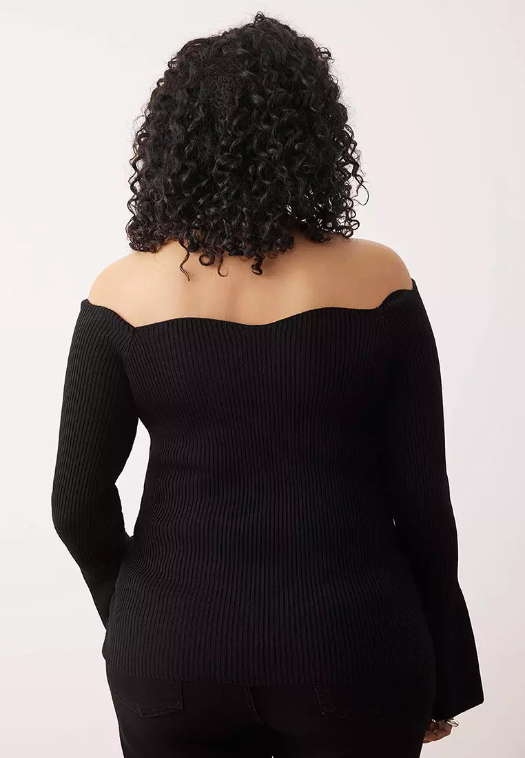 Black Ribbed Carmen Collar Knitwear Sweater Tbbaw26An00031