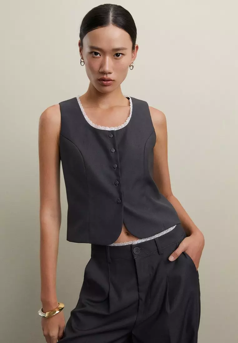 Lace Trim Vest - Mid Grey