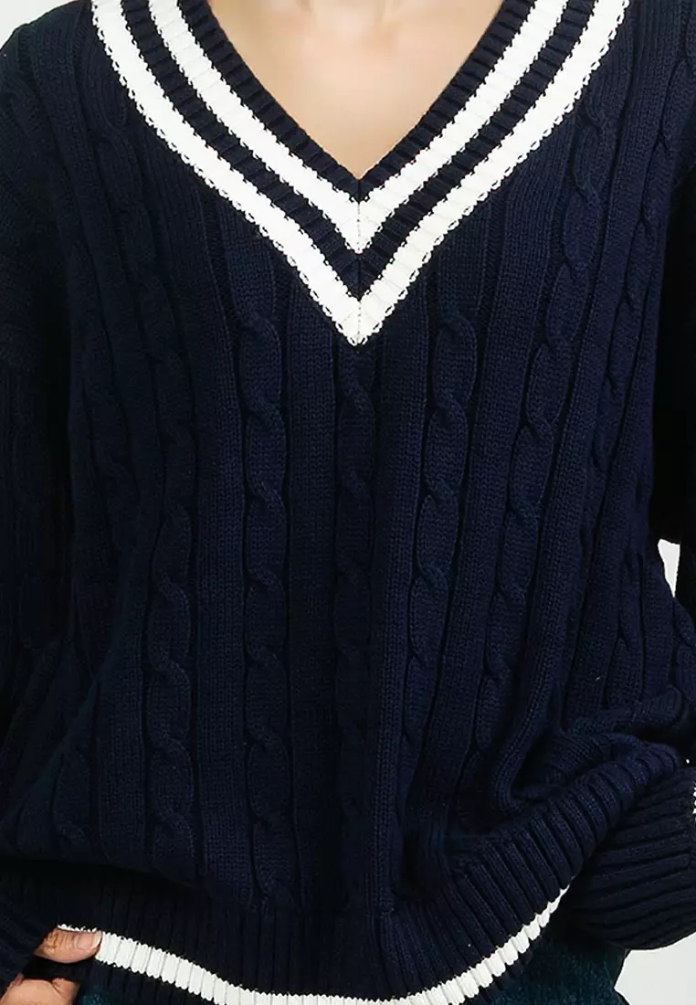 V-Neck Tipping Cable Popover Sweater