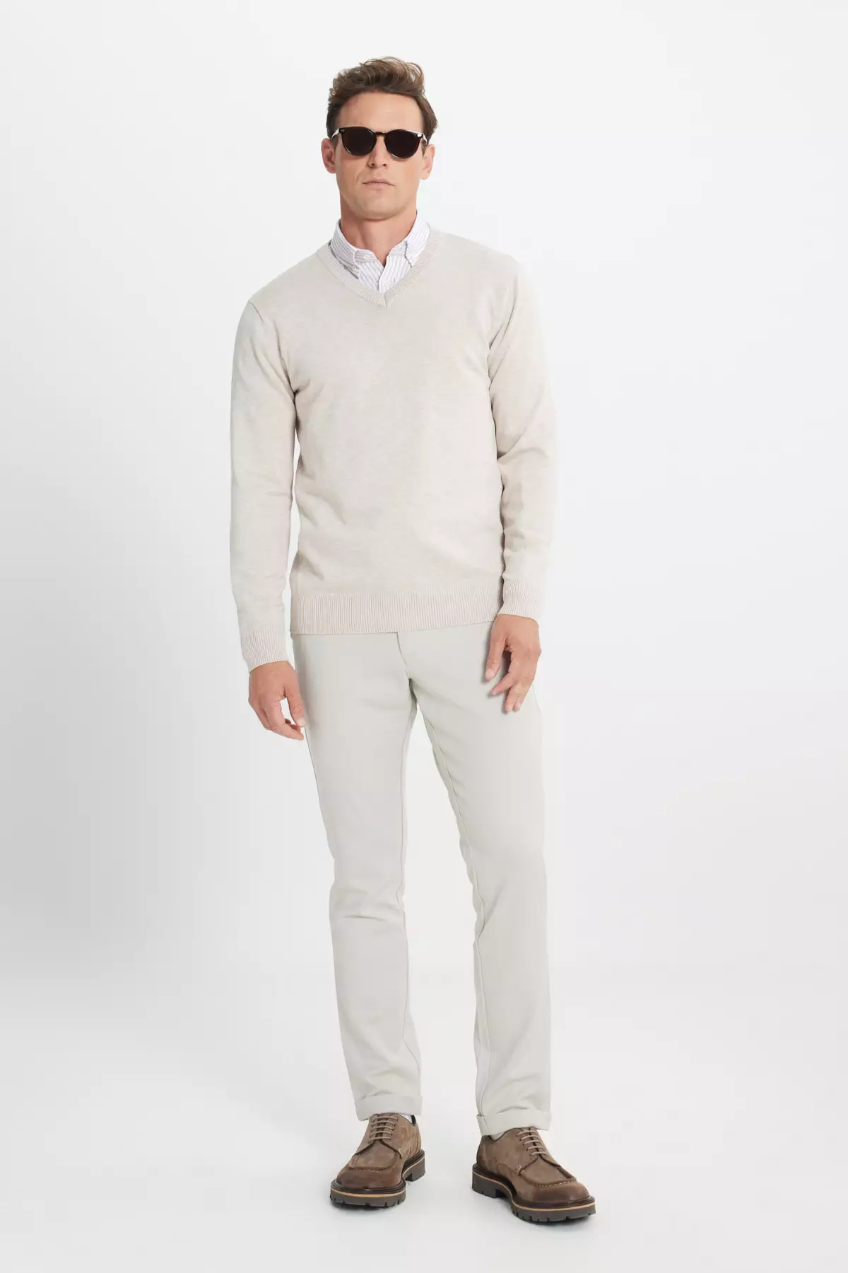 Beige Melange Standard Fit Regular Cut V-Neck Knit Sweater