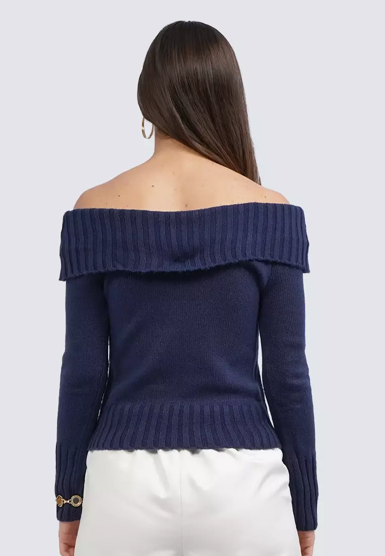 Off Shoulder Long Sleeve Sweater NAVY