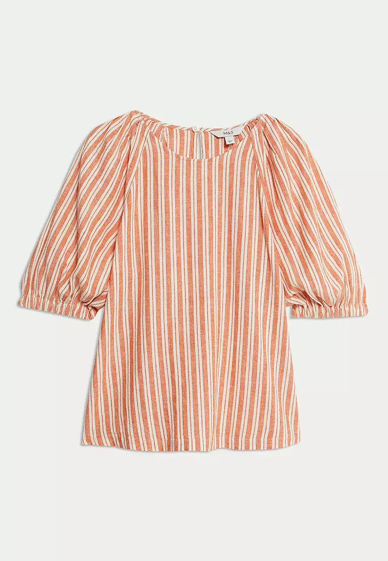 Linen Rich Striped Puff Sleeve Blouse