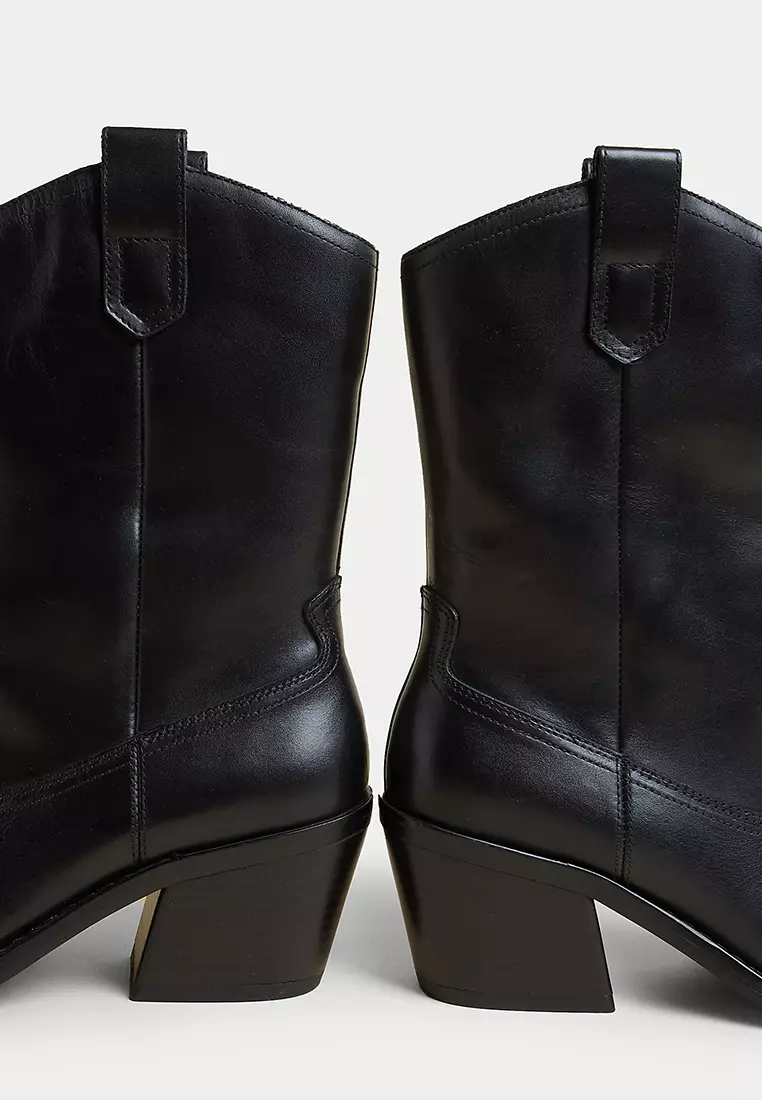 Leather Cow Boy Block Heel Ankle Boots