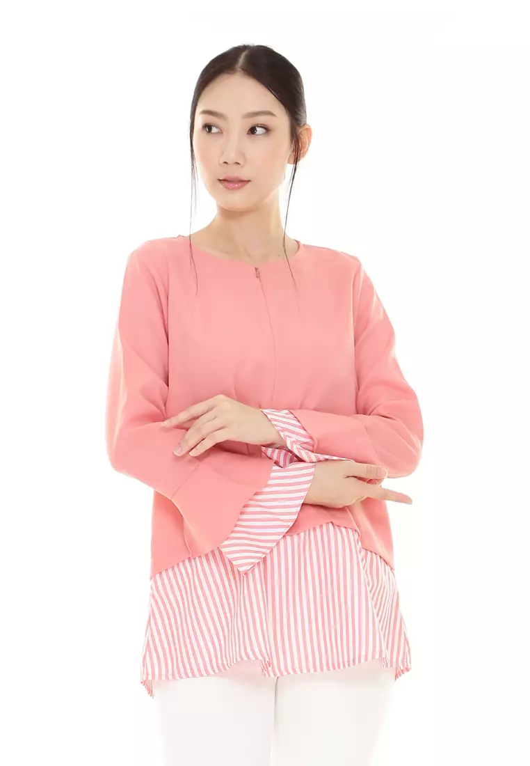 Zalia Top Plain Stripe Cotton Top in Peach Orange