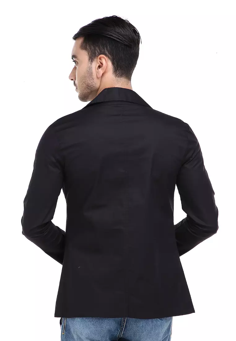 Woreq Jas Blazer Pria Pockets Two Tone Formal Casual Suit Material Cotton Stretch ORIGINAL - Black