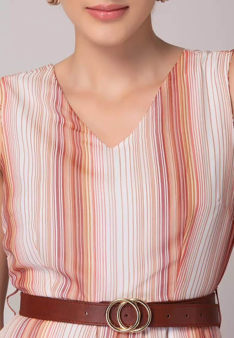 White And Brown Striped Jumpsuit With Belt