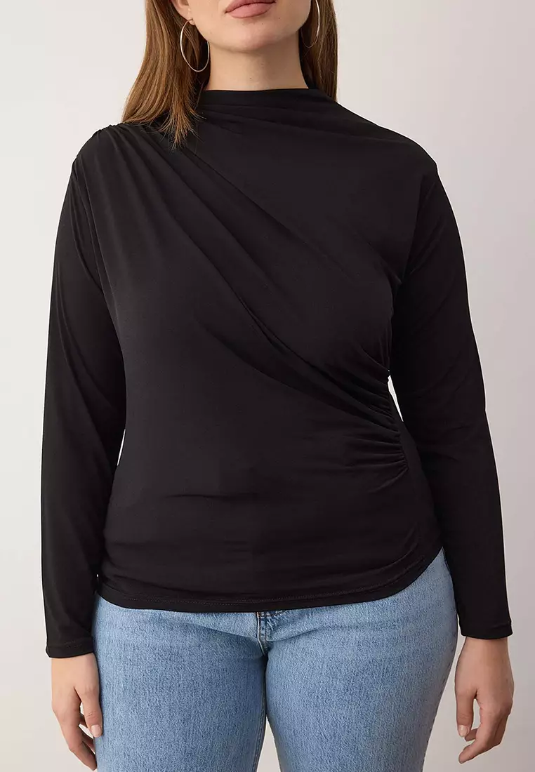 Black Sandy Shirring Detail Long Sleeve Knitted Plus Size Blouse Tbbaw26Af00104
