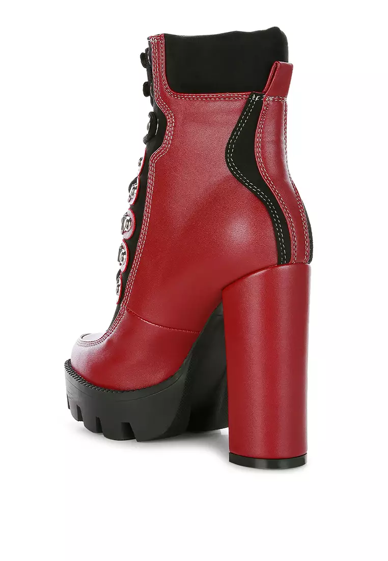 High Heel Lace-Up Biker Boot in Burgundy black
