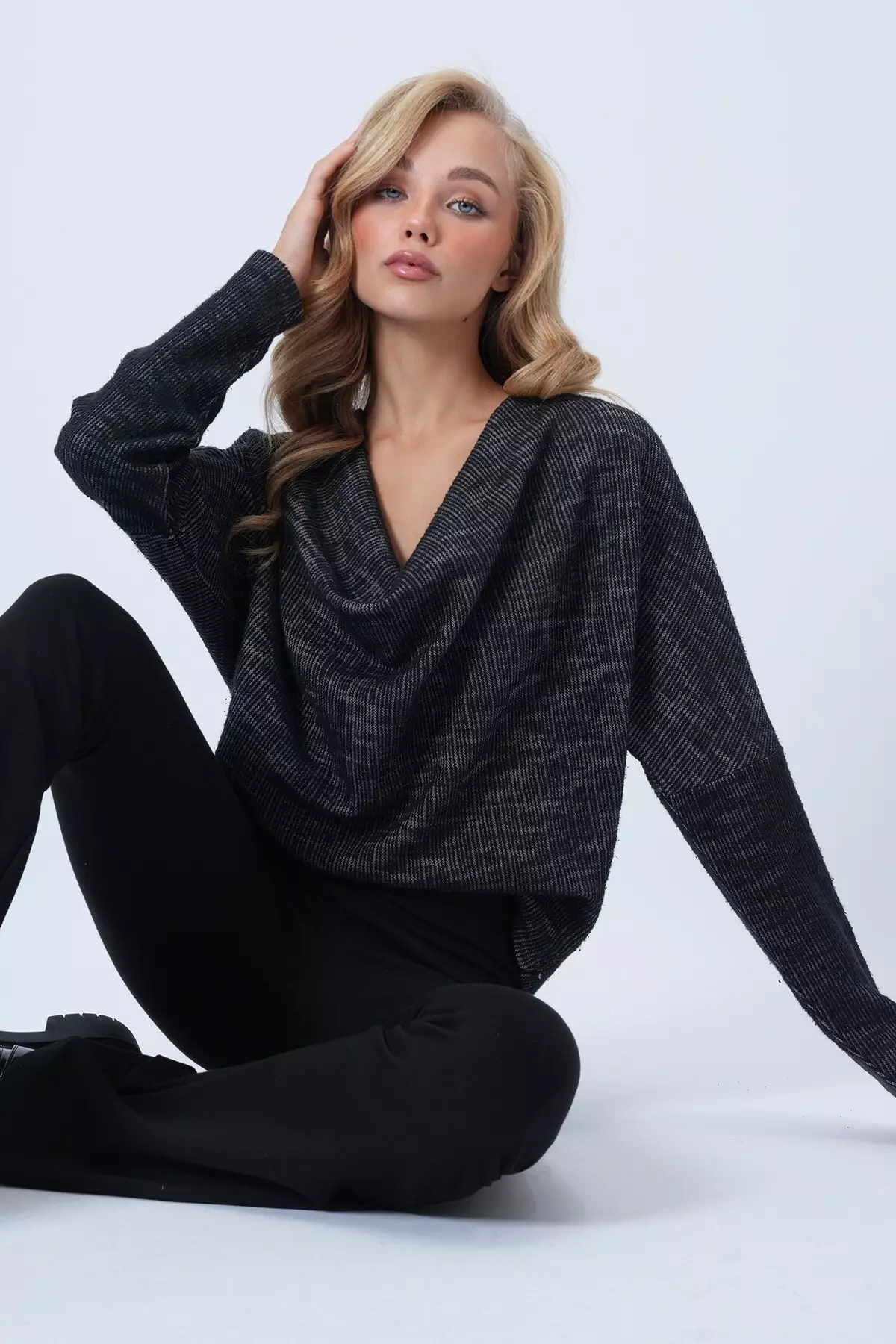 Women's Anthracite Cowl Collar Wide Cut Knitted Blouse Alc-X13126