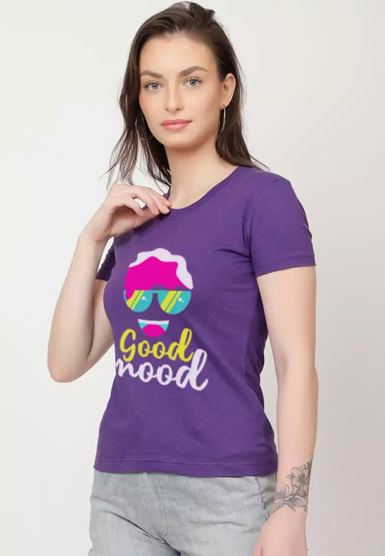 Good Mood Relaxed Short Sleeve Stylish Purple Cotton Casual Graphic Print Tee/TShirt