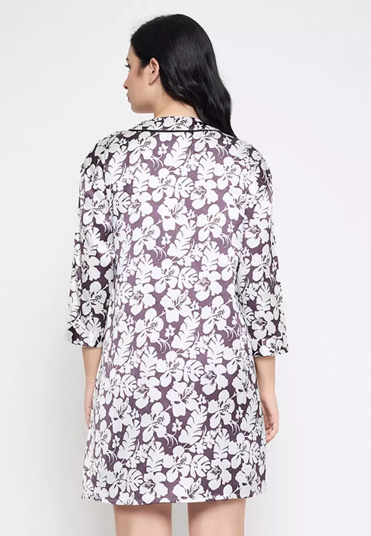 Clovia Chic Basic Short Night Dress & Floral Print Robe in Dark Purple - Satin