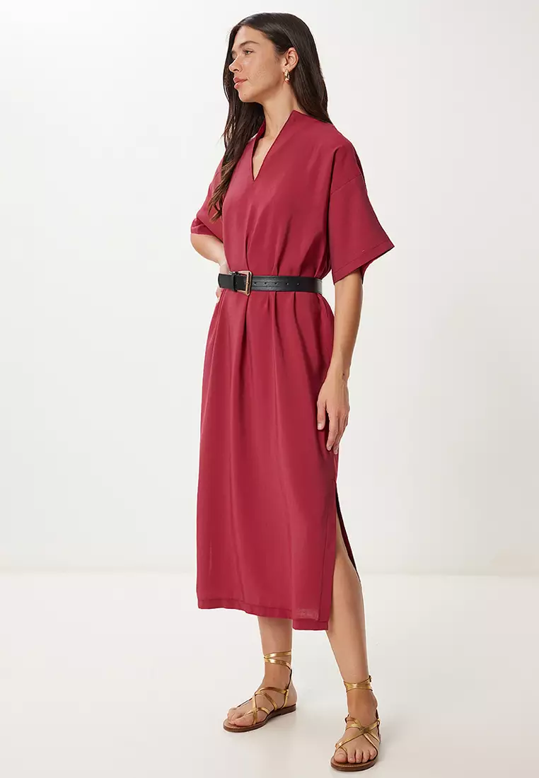 Women's Burgundy Belted Slit Summer Modal Dress No00028