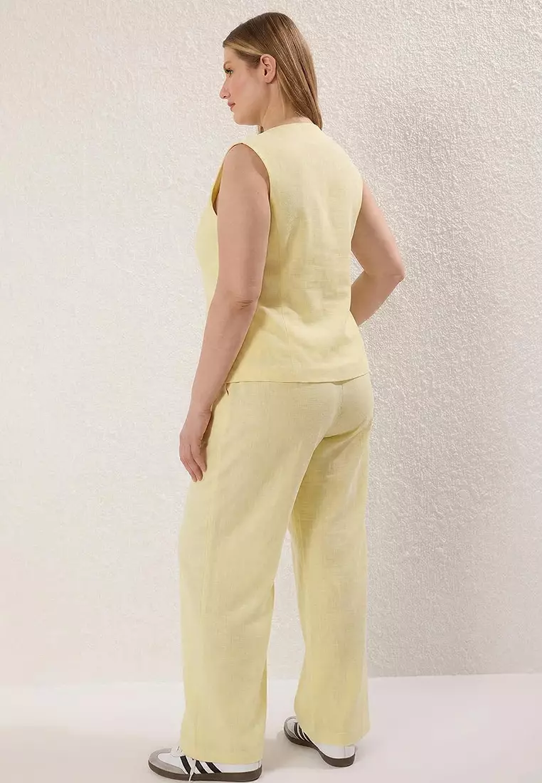 Yellow Wide Leg Linen Look Front Drawstring Bottom Top Set Tbbss25Cp00026