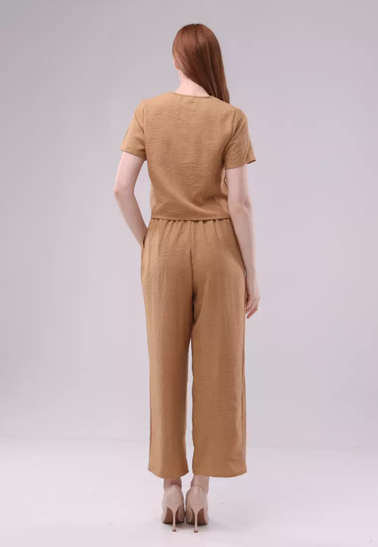 Plain Soft Wrinkled Woven Short Sleeves Terno Pants