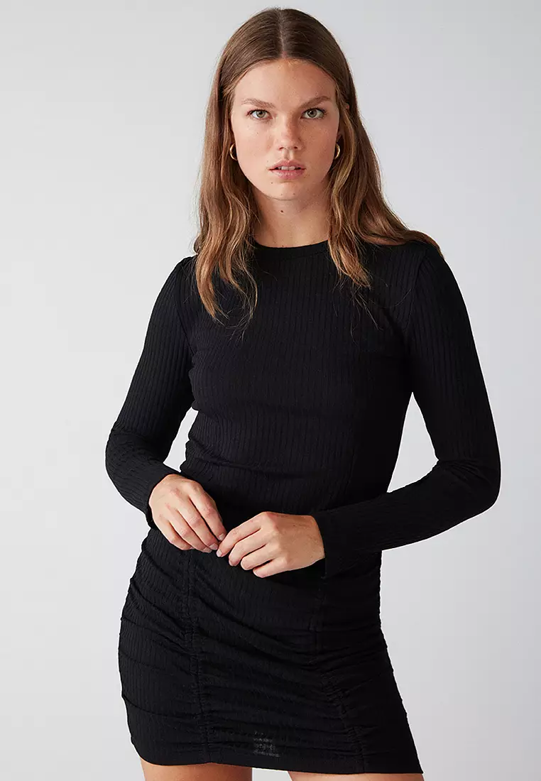 Wide Ribbed Stretch Fabric Body Hugging Bodycon Frosted Mini Dress