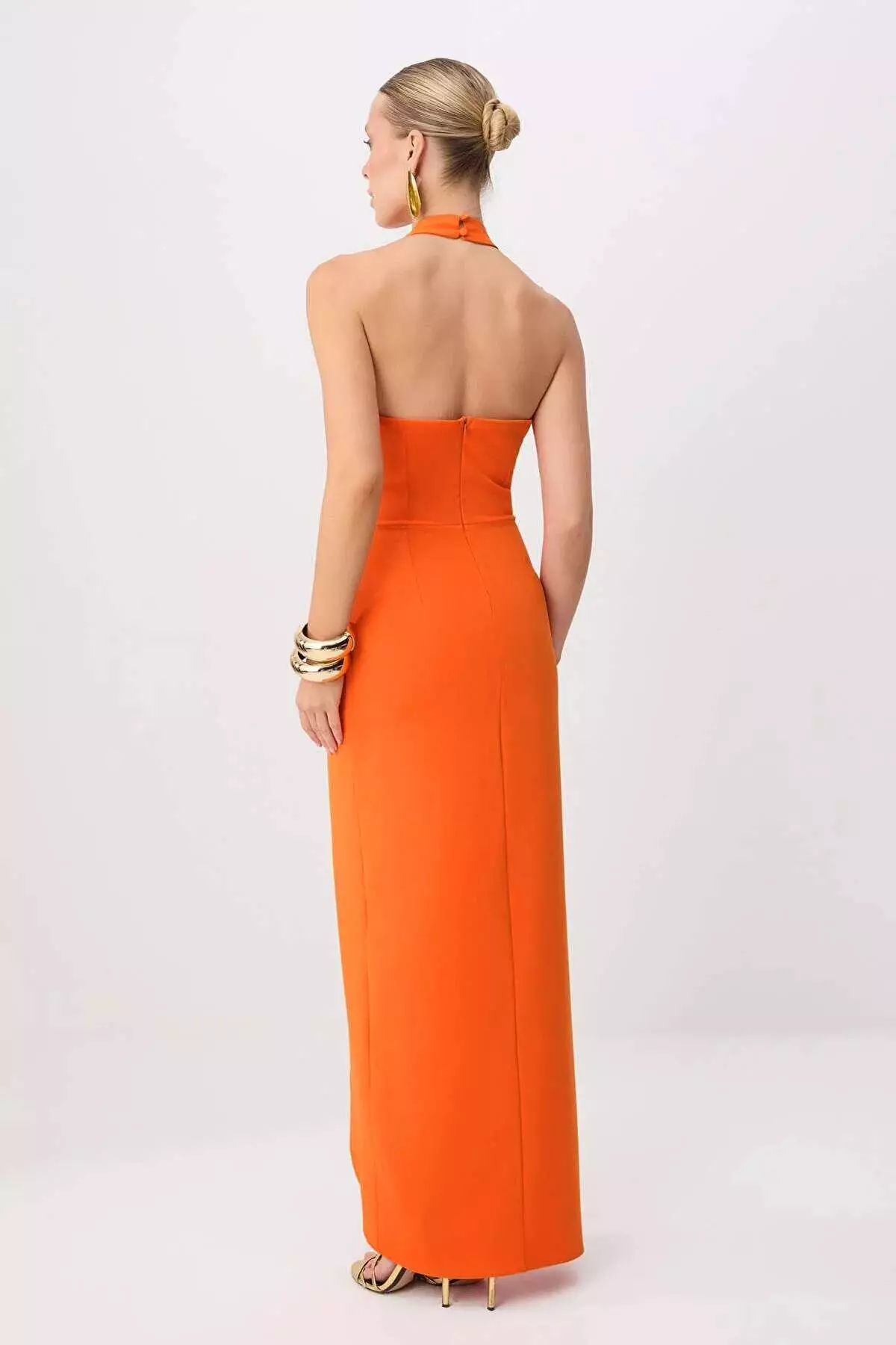 Buy Trendyol Orange Halter Neck Shift/Straight Cut Maxi Evening ...