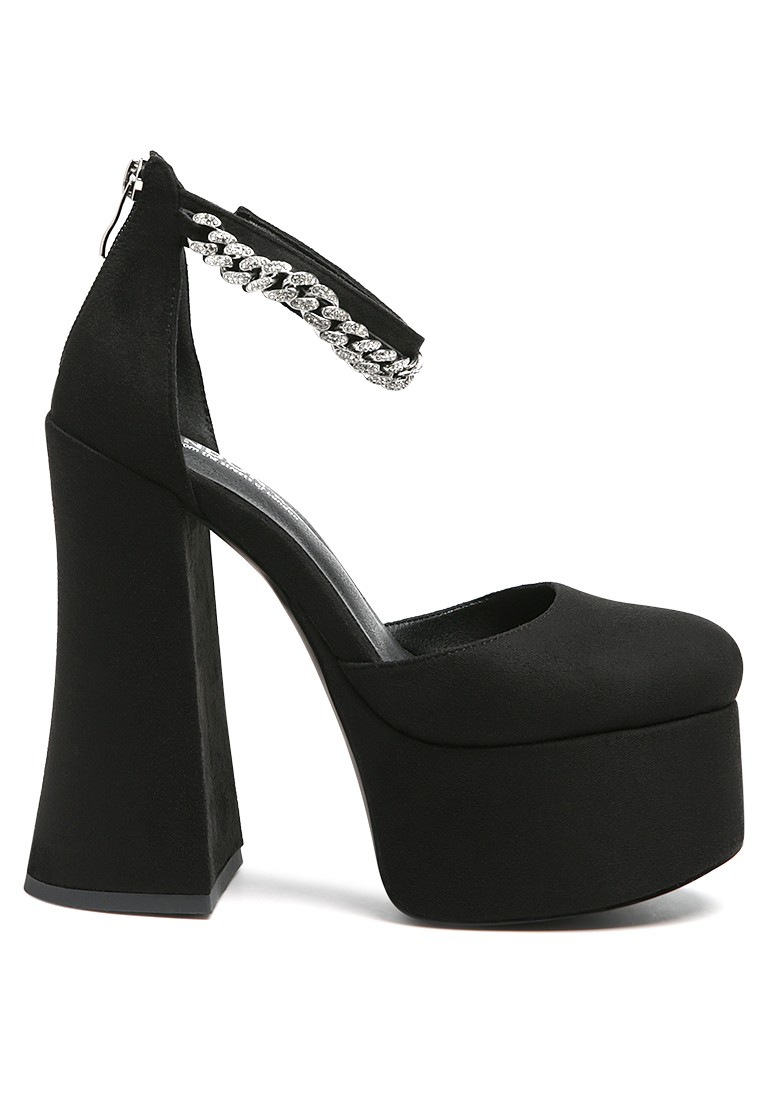 Block Platform Sandal with Metal Chain in Black