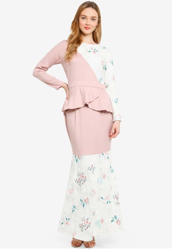 Asymmetrical Top Kurung Set from Lubna in Pink