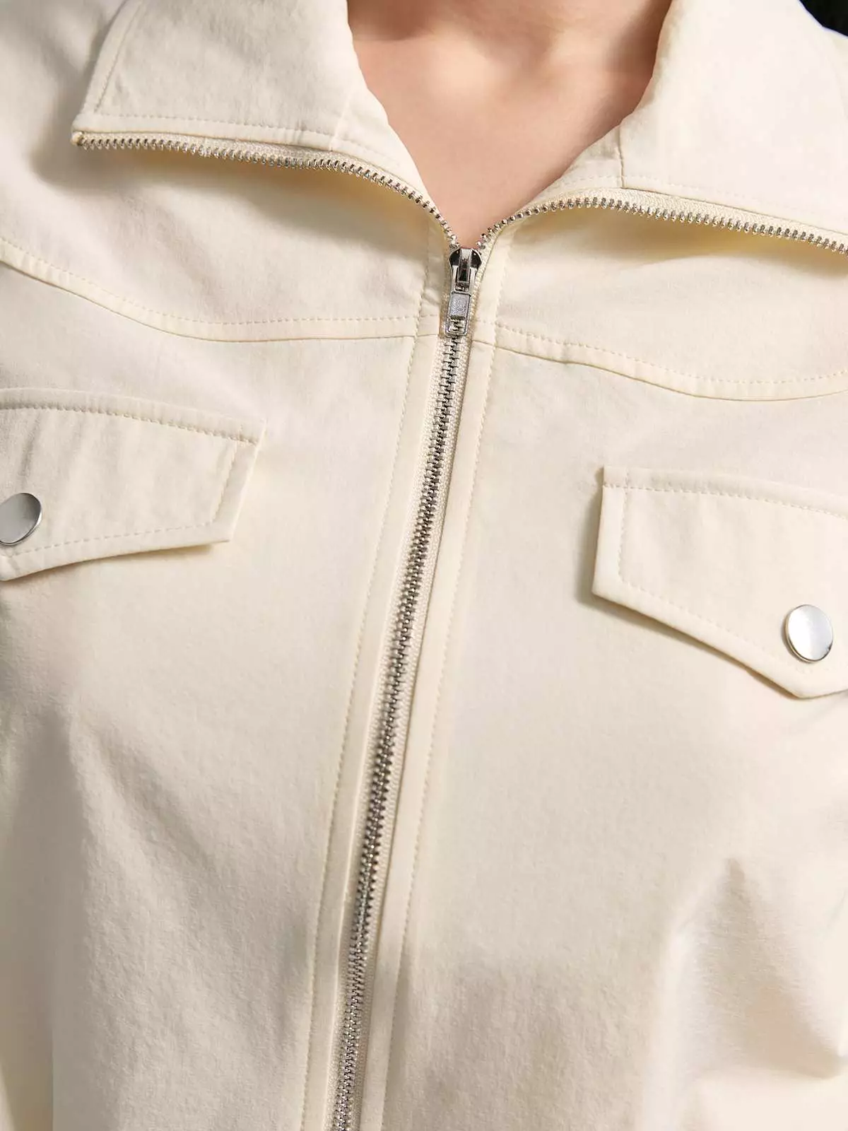 Zipper Cropped Shirt with Drawstring Detail - White