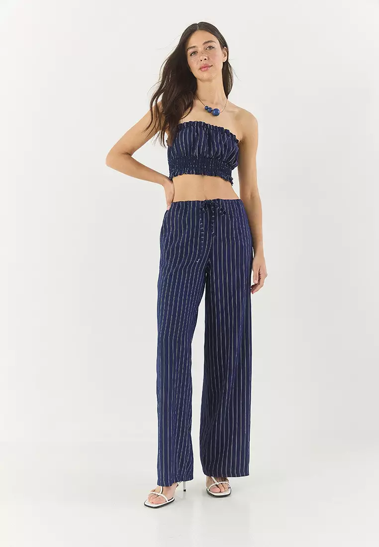 Women's Striped Gipe Detailed Crop Top Waist Drawstring Wide Leg Pants Bottom-Top Suit 60283262