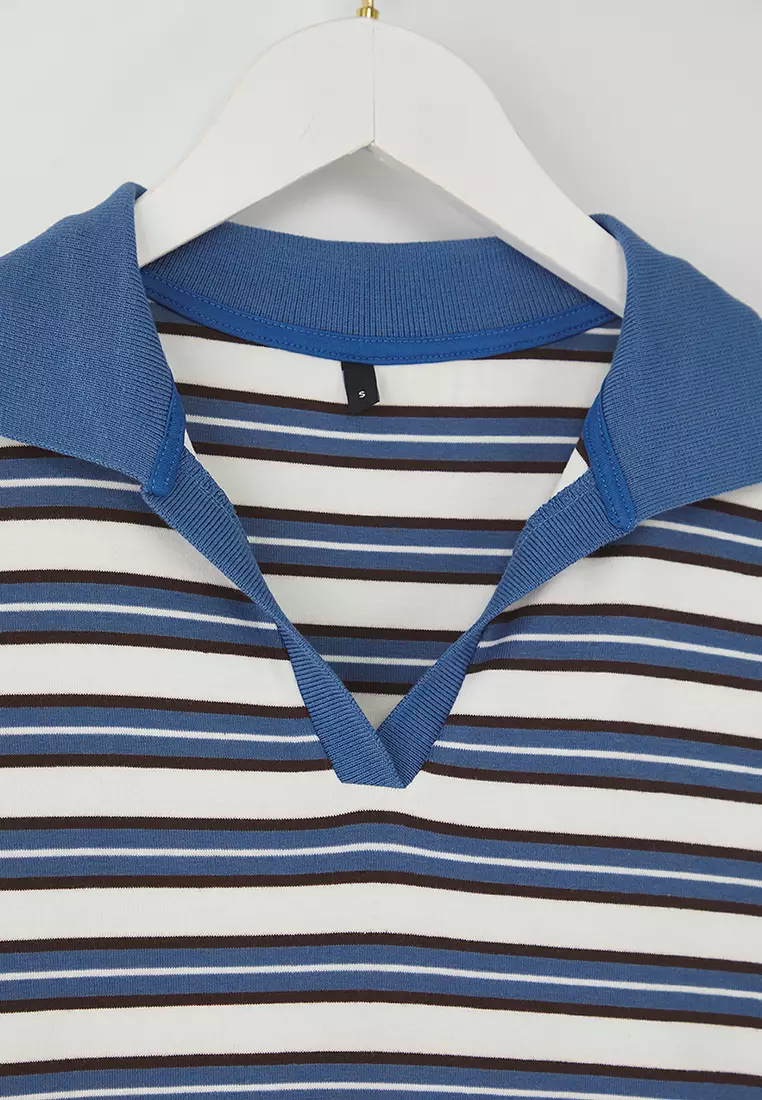 Teen Blue Striped Polo Neck Fitted/Body-Smoothing Knitted Blouse Twoaw26Bz00034