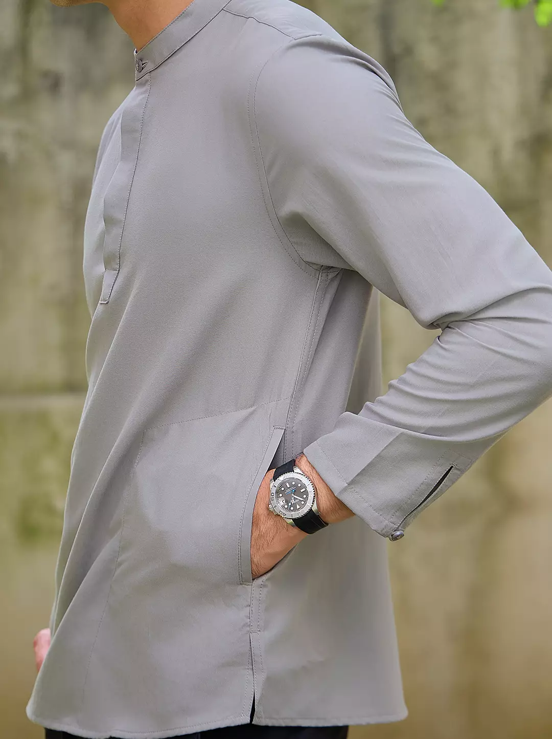 OXCON Kemeja koko Tangan Panjang Collarless Azfar Mid Grey