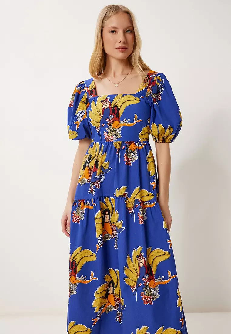 Women's Purple Yellow Patterned Summer Midi Poplin Dress Fk00017