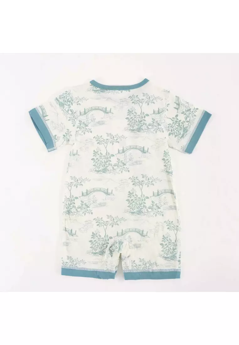 Chinese Garden Landscape Bridge Rockery Pavilion Baby Boy Cheongsam Romper 0839