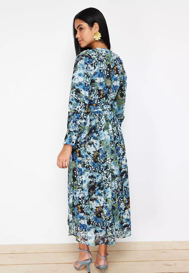 Black Blue Floral Sash Detailed Woven Dress TCTSS24EB00045