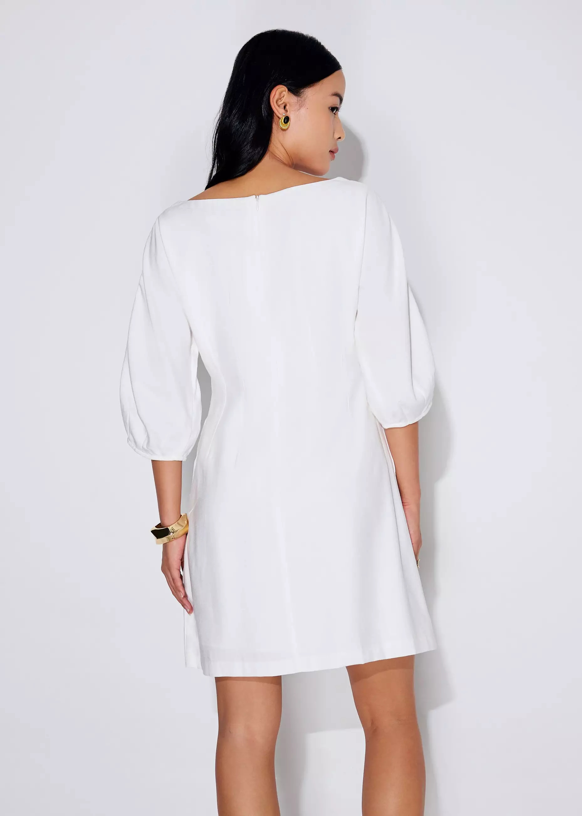 Dress Wanita - Scoop Neck Puff Sleeve A-Line Mini Dress