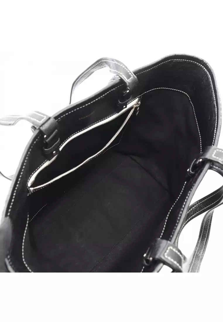 Pre-Loved BALENCIAGA BARBES E/W SHOPPER Shoulder bag tote bag stripe leather black white 2WAY