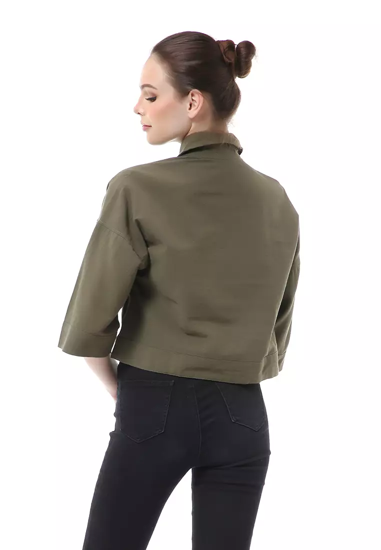 Brielle Atasan Wanita Kemeja Crop Oversize Shirt Lengan Panjang Material Linen ORIGINAL - Olive