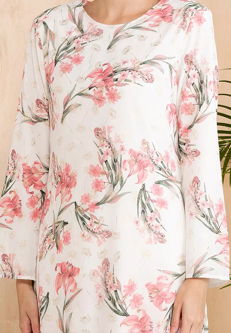 Luxe Gold Foiled Floral Baju Kurung Moden Chiffon in White