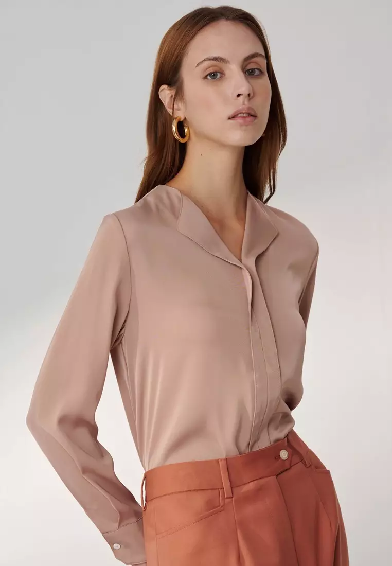 Camel Pink Styled V-neck Blouse