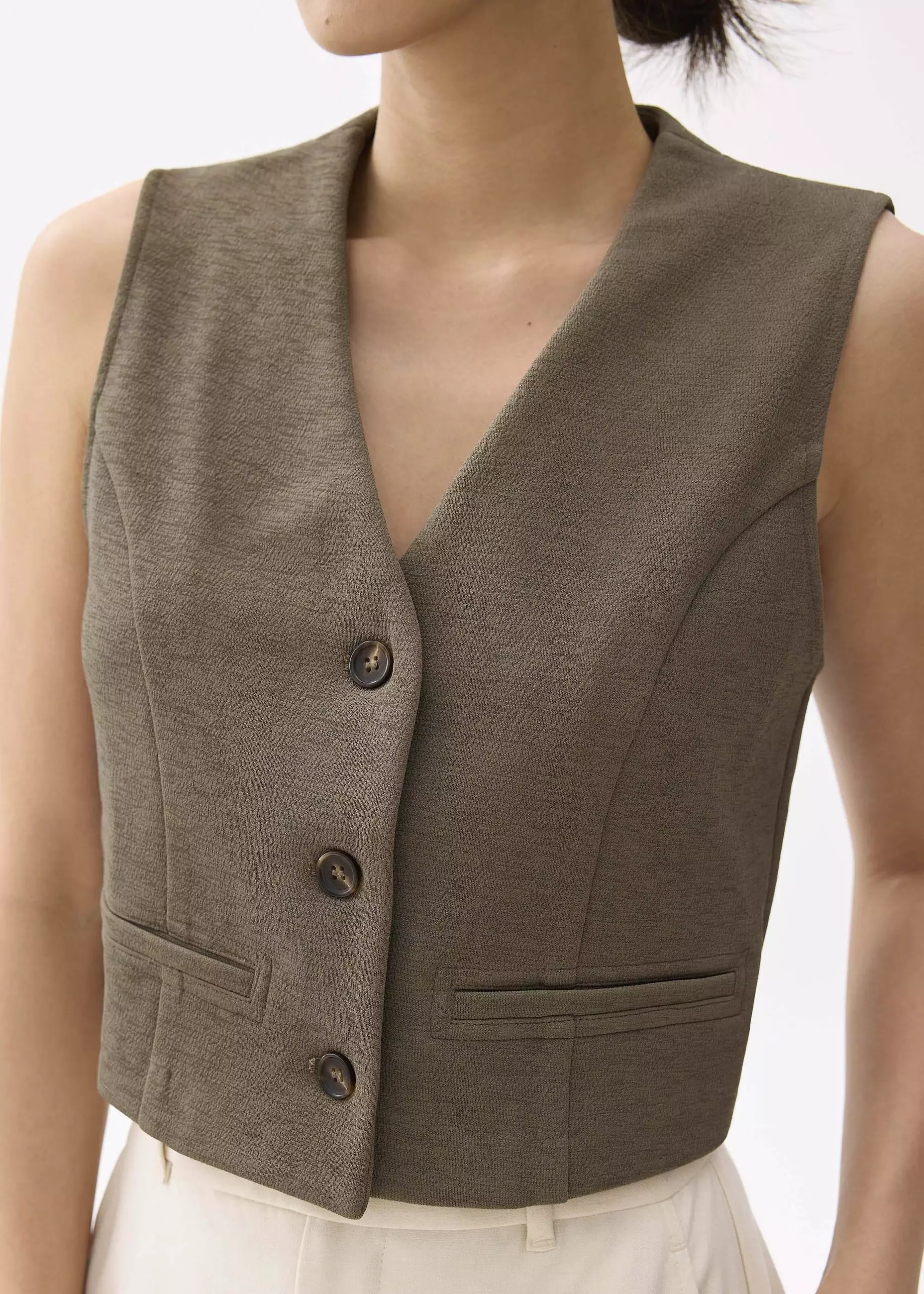 Vest Wanita - Cropped V-neck Button Down Vest