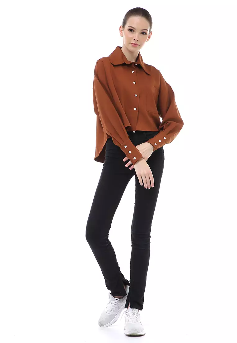 Brielle Atasan Wanita Kemeja Casual Lengan Panjang Oversize Shirt Material Polyester Cationic - Brown